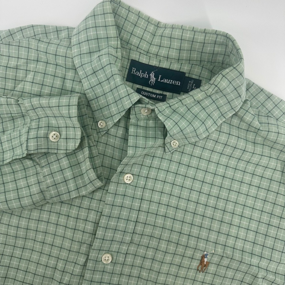 Ralph Lauren Men's Large Custom Fit Green Plaid Long Sleeve Button Down Read